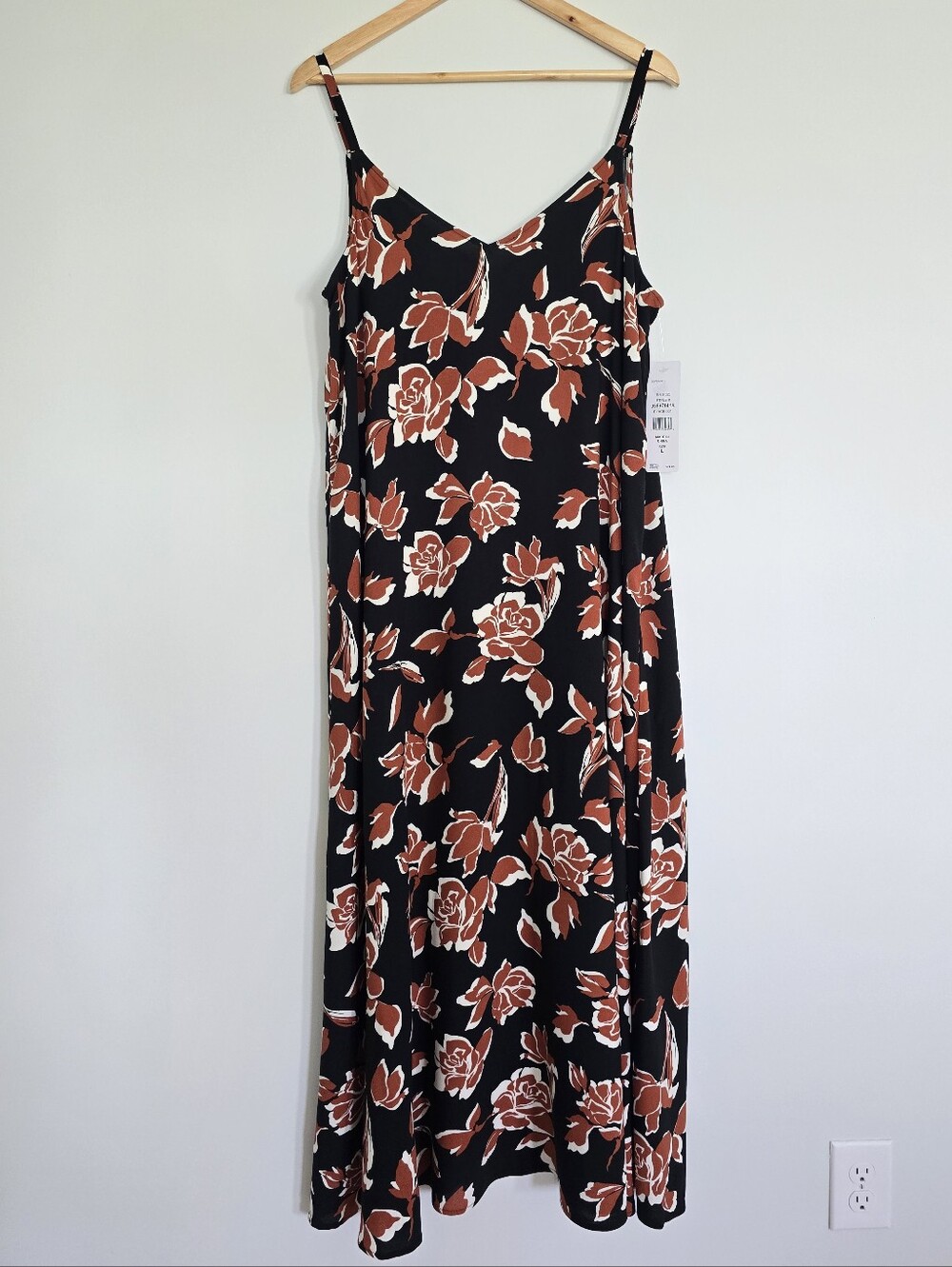 Women’s Black Floral Slip Dress with Rust Rose Print